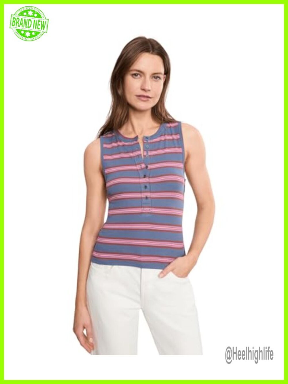 Free People Jamie Henley Tank Top Sleeveless Button Neck Classic Fit
